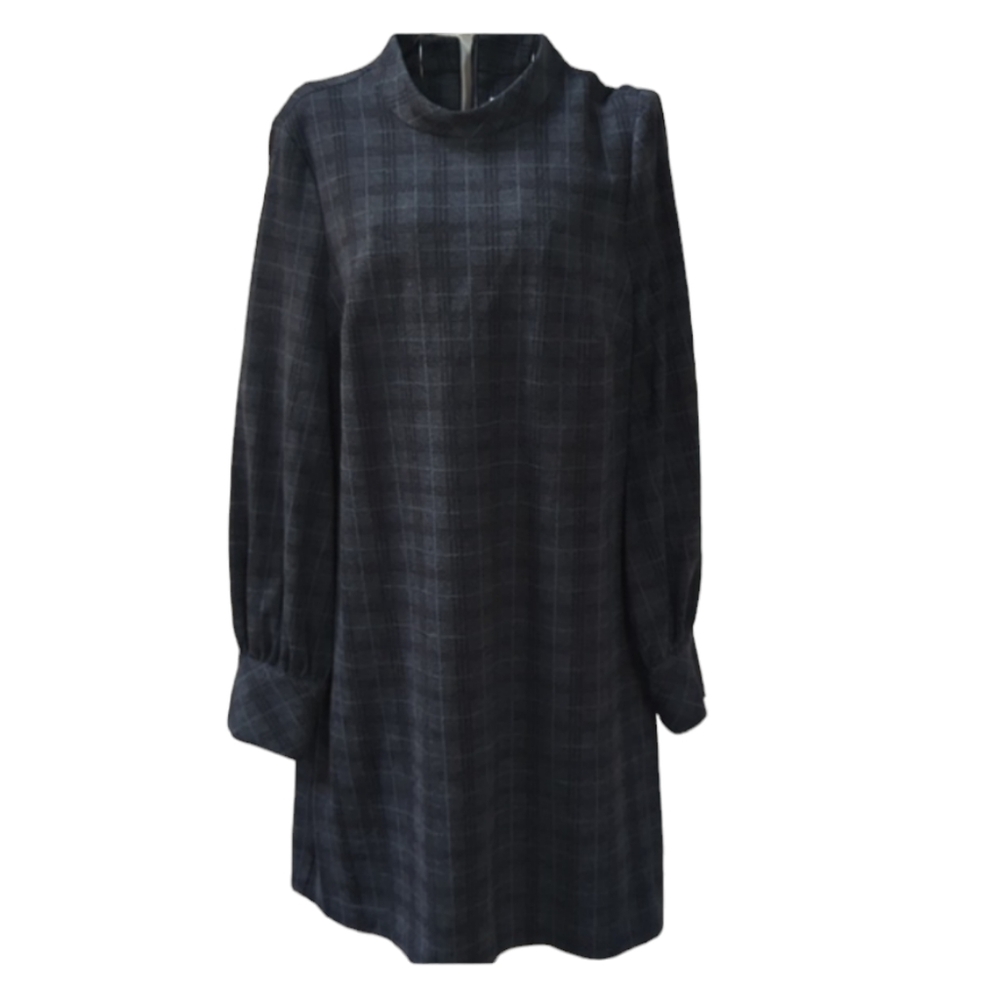 Calvin Klein gray window pane check long sleeve high collar shift dress.…